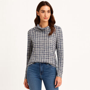 Women's Tribal Gray Blue Houndstooth Cowl Neck Long Sleeve Tee M
